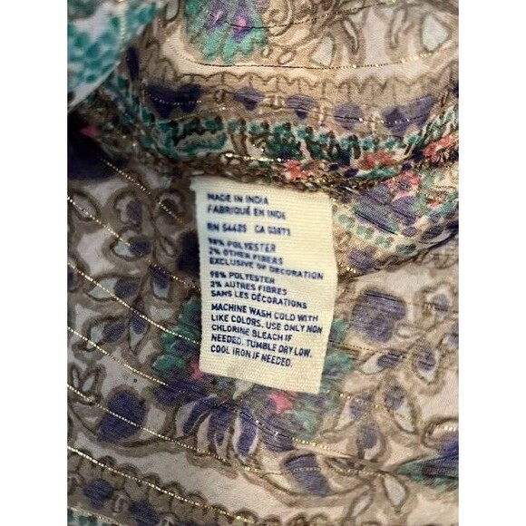 American Eagle Bohochic Sheer Green/Pink/Blue/Metallic Gold Tassels Blouse SZ S - Picture 4 of 6